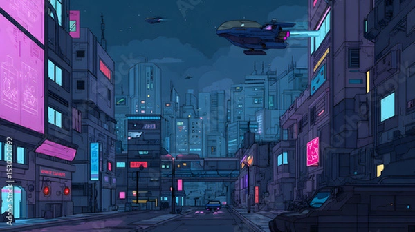 Obraz flat illustration of a cyberpunk city at night