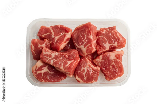 Fototapeta Raw beef pieces in plastic try isolated on transparent background.