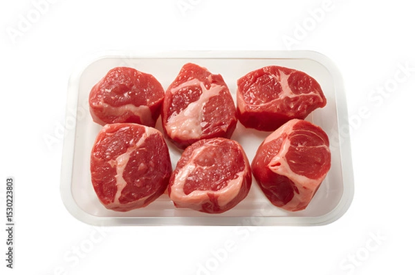 Fototapeta Raw beef pieces in plastic try isolated on transparent background.