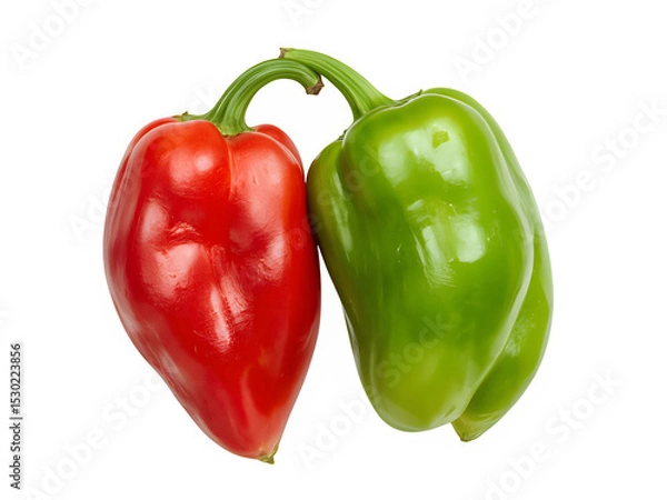 Fototapeta Two hot chili peppers red and green top view isolated on transparent background.