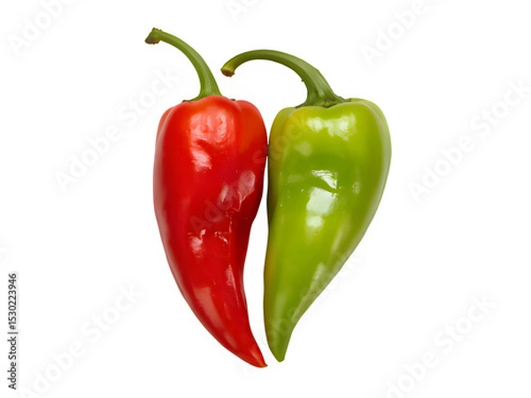 Fototapeta Two hot chili peppers red and green top view isolated on transparent background.