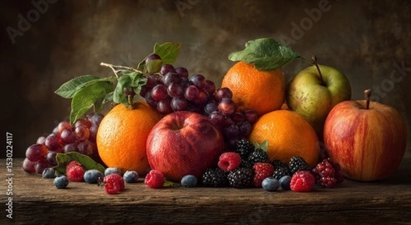 Fototapeta Vibrant still life of fresh fruits including oranges, apples, and berries arranged on a wooden table