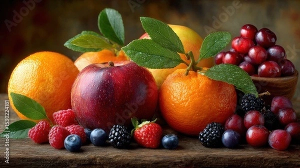 Fototapeta Vibrant still life of fresh fruits including oranges, apples, and berries arranged on a wooden table