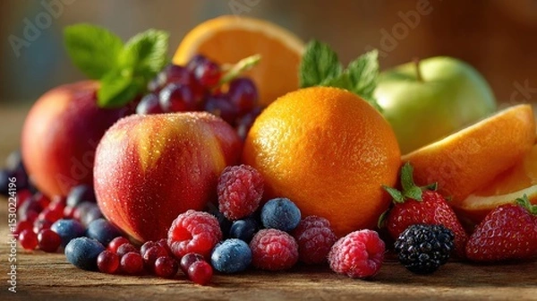 Fototapeta Vibrant still life of fresh fruits including oranges, apples, and berries arranged on a wooden table