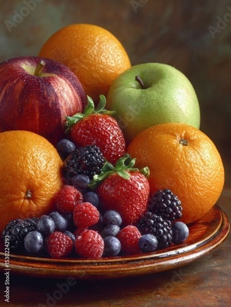 Fototapeta Vibrant still life of fresh fruits including oranges, apples, and berries arranged on a wooden table