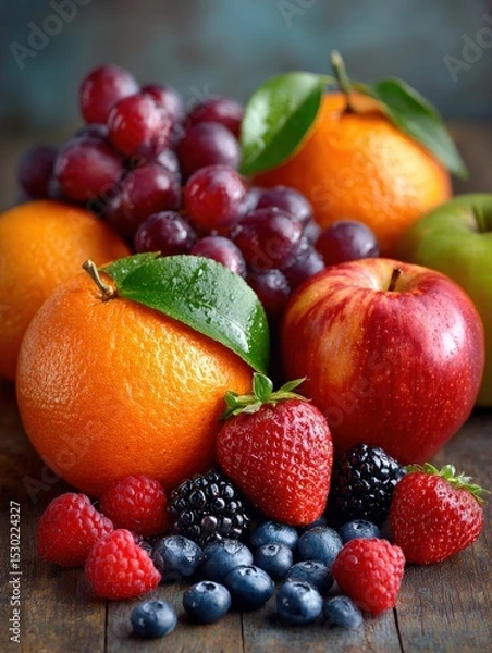 Fototapeta Vibrant still life of fresh fruits including oranges, apples, and berries arranged on a wooden table
