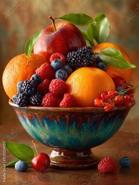 Fototapeta Vibrant still life of fresh fruits including oranges, apples, and berries arranged on a wooden table
