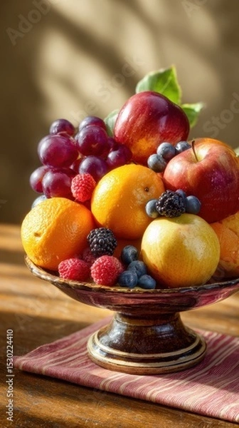 Fototapeta Vibrant still life of fresh fruits including oranges, apples, and berries arranged on a wooden table