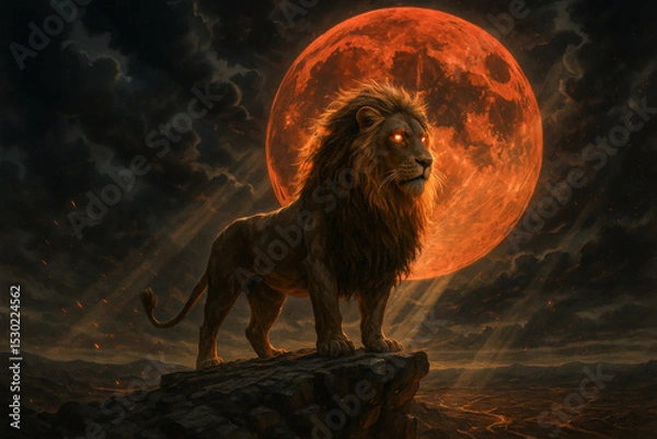 Obraz Lion of Judah Before Blood Moon – Biblical Prophetic Symbol of Strength, Majesty, and End Times Revelation
