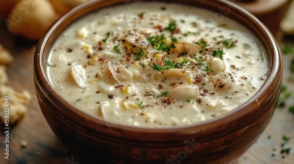 Fototapeta A bowl of creamy clam chowder with herbs on top.