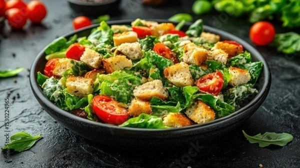 Fototapeta A bowl of green salad with tomatoes and croutons.