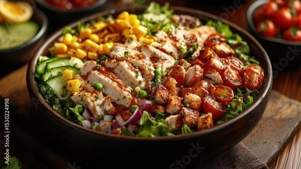 Fototapeta A bowl of salad with chicken and vegetables