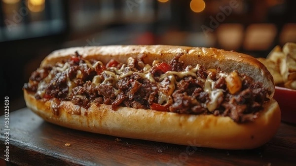 Fototapeta A cheesesteak sandwich with melted cheese and steak.