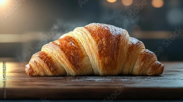 Fototapeta A golden brown croissant with powdered sugar on top