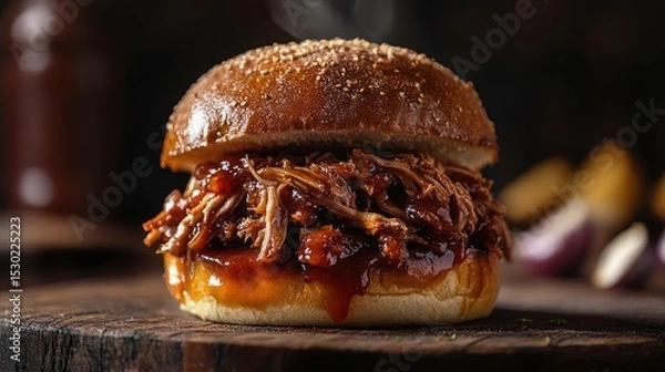 Fototapeta A pulled pork sandwich with BBQ sauce and a sesame seed bun