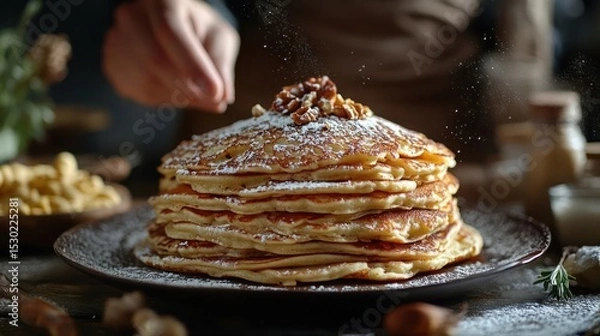 Fototapeta A stack of fluffy pancakes with powdered sugar