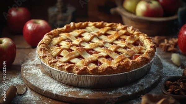 Fototapeta Apple Pie with lattice crust and red apples