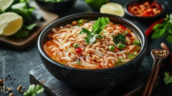 Fototapeta Bowl of noodles with soup and vegetables