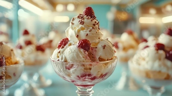Fototapeta Close-up of a glass bowl filled with ice cream and toppings.