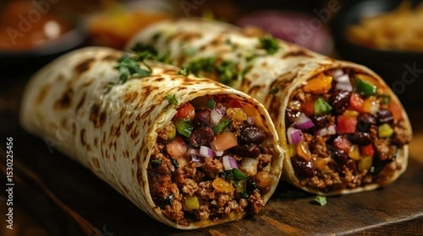 Fototapeta Close-up of three burritos with ground beef and vegetables