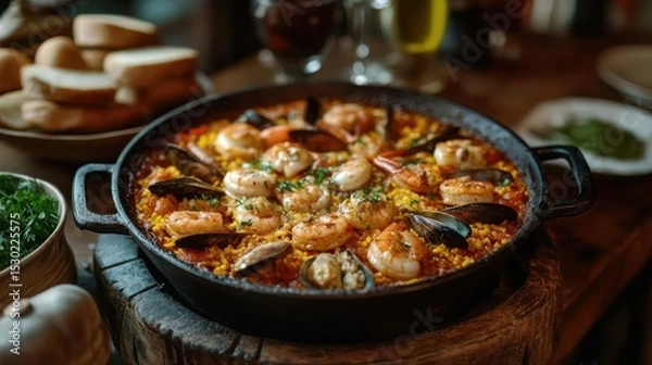 Fototapeta Pan of seafood paella with bread and wine on a table