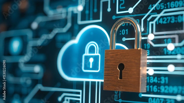 Fototapeta Digital security concept with a cloud and a padlock, illustrating data protection