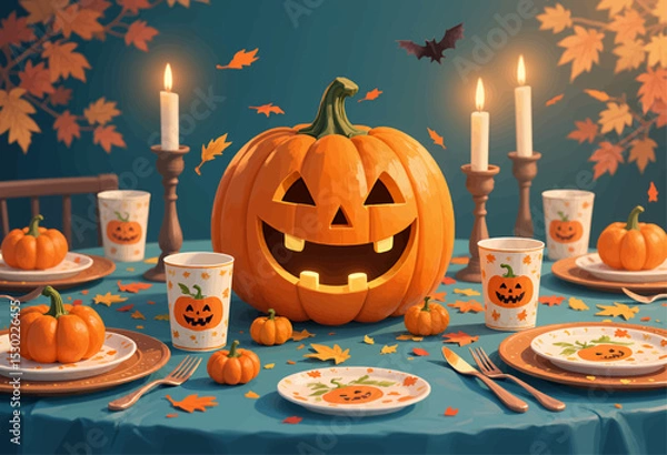 Fototapeta Whimsical Halloween Table Setting with Jack-o'-Lanterns and Candles