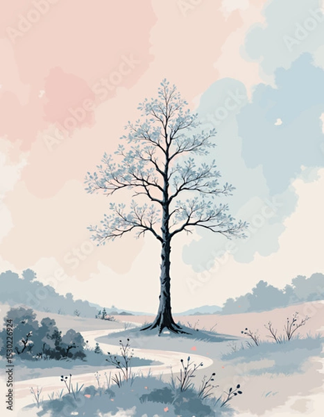 Fototapeta Winter Solitude: Lone Tree in Snowy Meadow at Dusk