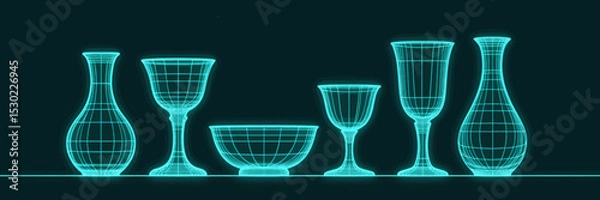Fototapeta Wireframe Glassware Collection on Dark Shelf