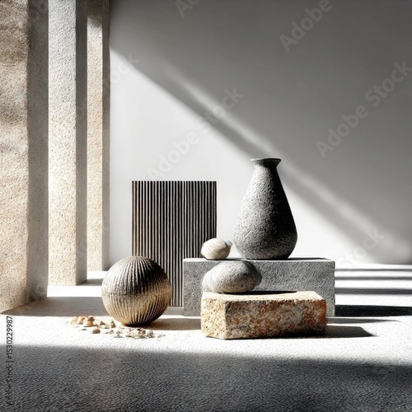 Fototapeta Monochromatic Still Life: Stone Vases and Geometric Forms Bathed in Light and Shadow, Creating a Serene and Minimalist Composition