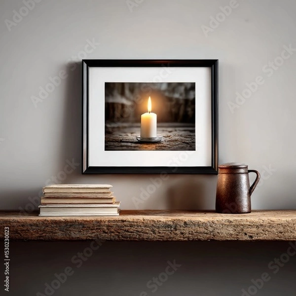 Fototapeta Rustic Charm: Still Life with Candle Artwork, Vintage Books, and Pottery Jug on a Weathered Wooden Shelf