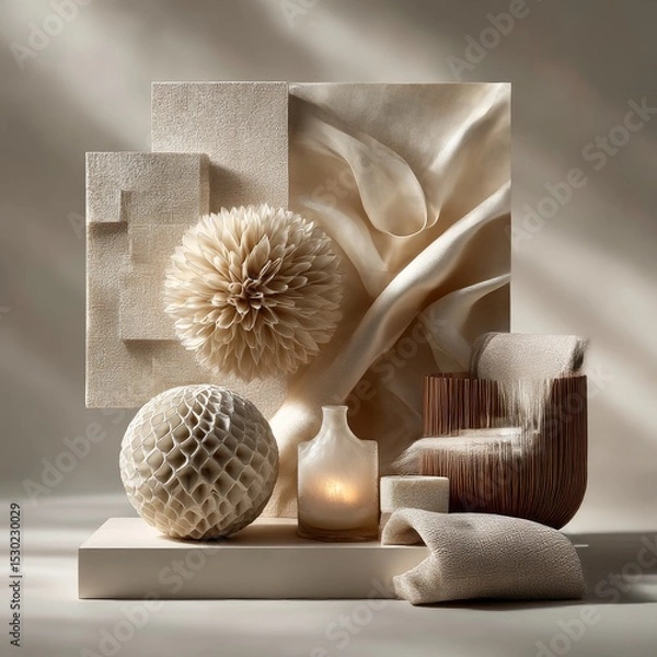 Fototapeta Neutral Serenity: A Still Life Composition of Textures and Forms in Earthy Tones Under Soft, Natural Light