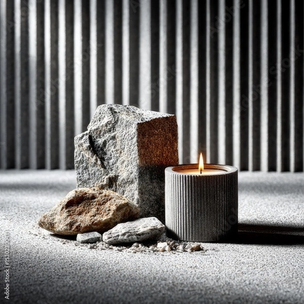 Fototapeta Rustic Still Life: A Lit Candle Amongst Stones and Shadowed Lines, Evoking Tranquility and Earthy Simplicity