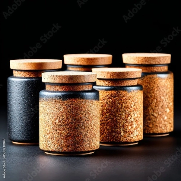 Fototapeta Rustic Still Life: Decorative Jars with Cork Lids and Textured Finishes on a Dark Background