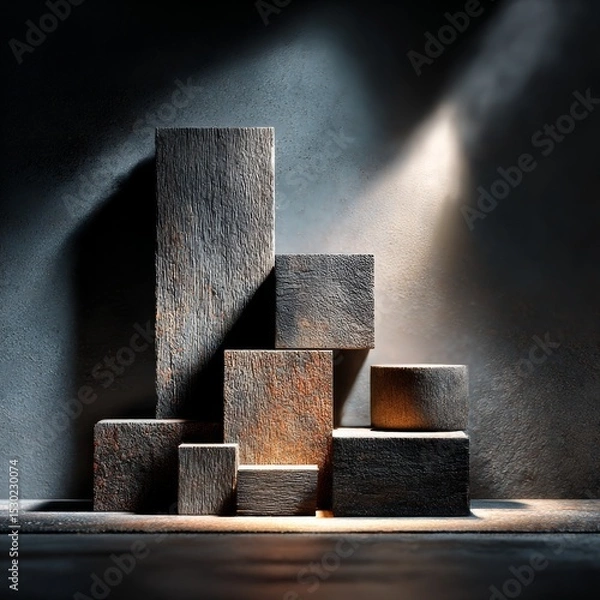 Fototapeta Rustic Wooden Blocks Display on Dark Background with Dramatic Lighting for Product Showcase and Art Installation.