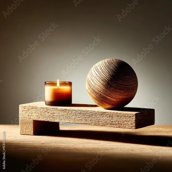 Fototapeta Serene Still Life: Candlelight and Wood Sphere on Wooden Platform Creates a Calming Ambience and Warm, Minimalist Aesthetic