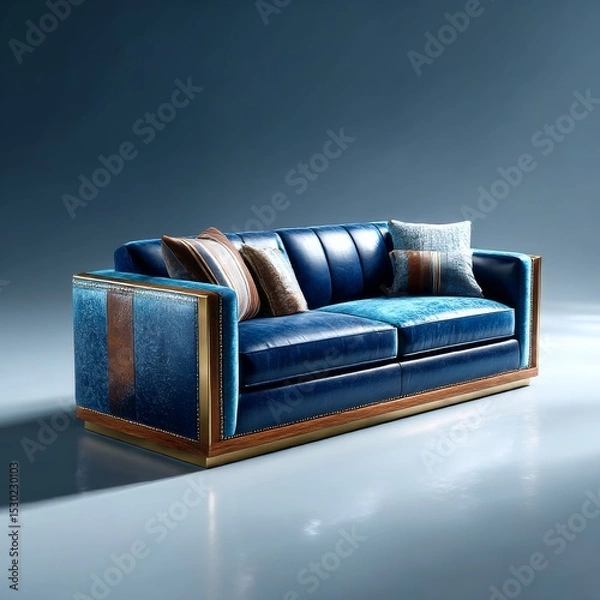 Fototapeta Sophisticated Blue Leather Sofa with Wooden Accents and Decorative Pillows on a Minimalist Grey Background.