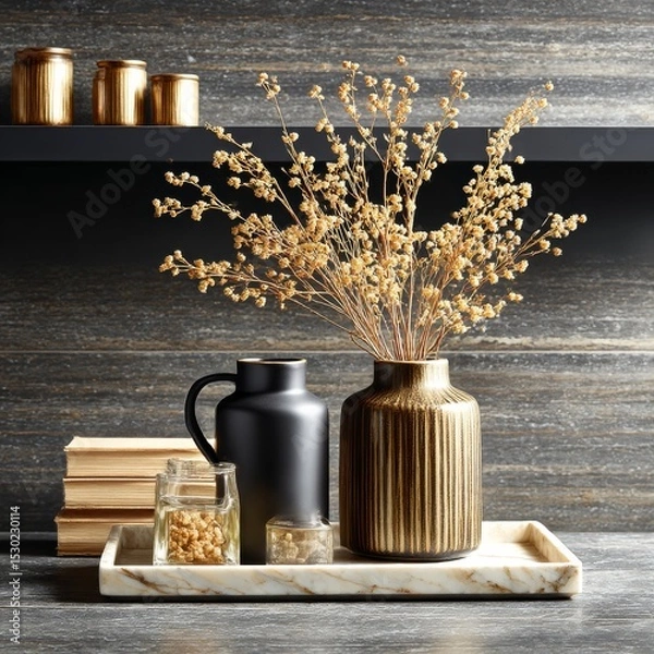 Fototapeta Still life arrangement with dried flowers, vases, books, and golden jars against a textured wall.