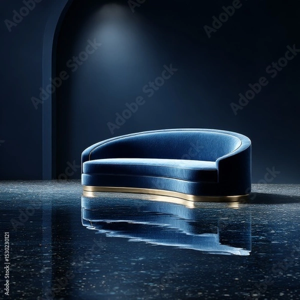 Fototapeta Sophisticated Serenity: A Plush Blue Velvet Sofa with Gold Accents in a Dark, Reflected Space