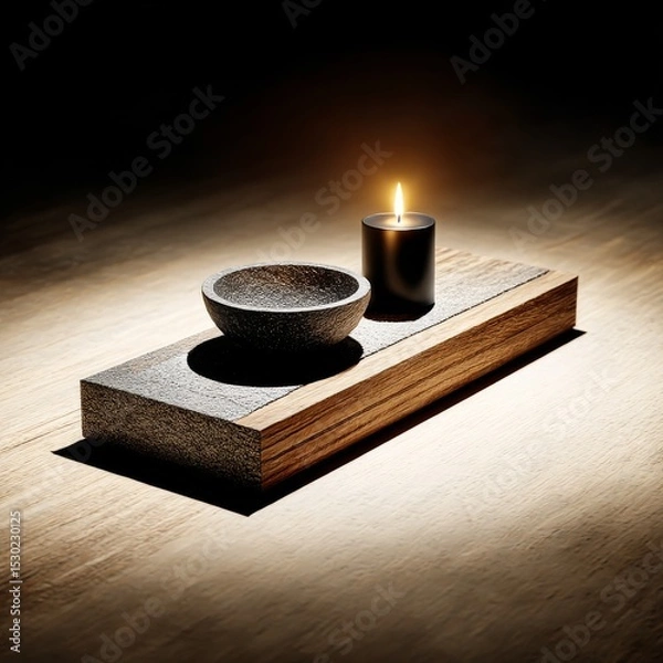 Fototapeta Still Life: Candlelight and Stone Bowl on Wood Platform Illuminating Serene Moment in Warm Light
