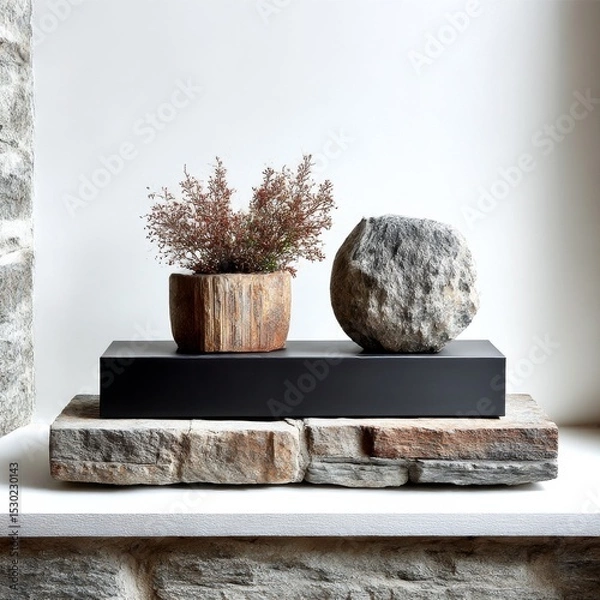 Fototapeta Still Life Composition: Earthy Tones and Textures featuring a Rock, Plant Pot, and Stone, Balancing Nature and Form