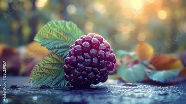 Fototapeta a blackberry with leaves on a wet surface