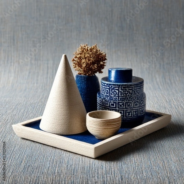Fototapeta Still Life with Ceramic Objects: Cone, Blue Vases, Small Bowl, and Dried Flowers Arranged on a Tray.