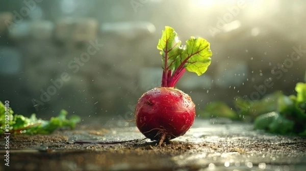 Fototapeta A close-up of a beetroot with leaves on top.