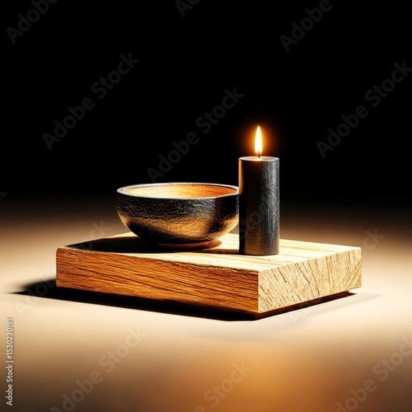Fototapeta Still Life with Candle and Bowl on Wooden Platform: A Study in Light and Shadow
