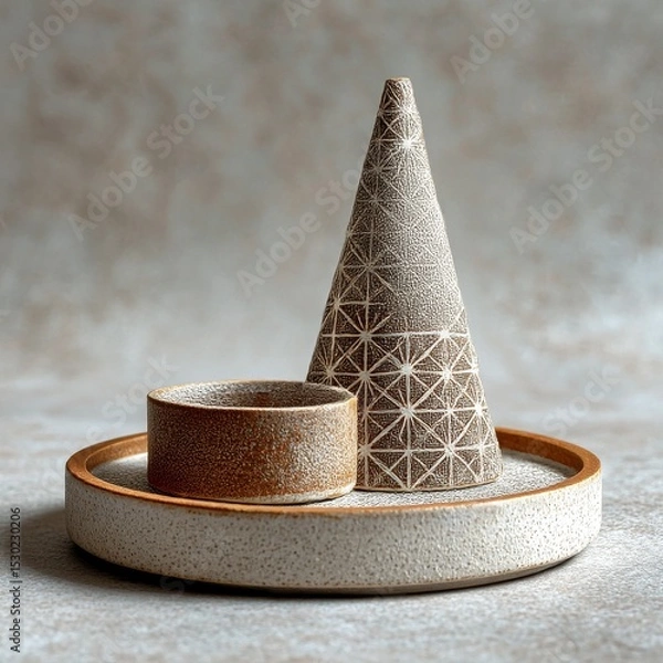 Fototapeta Still life with geometric ceramic objects on a round tray against a textured background.