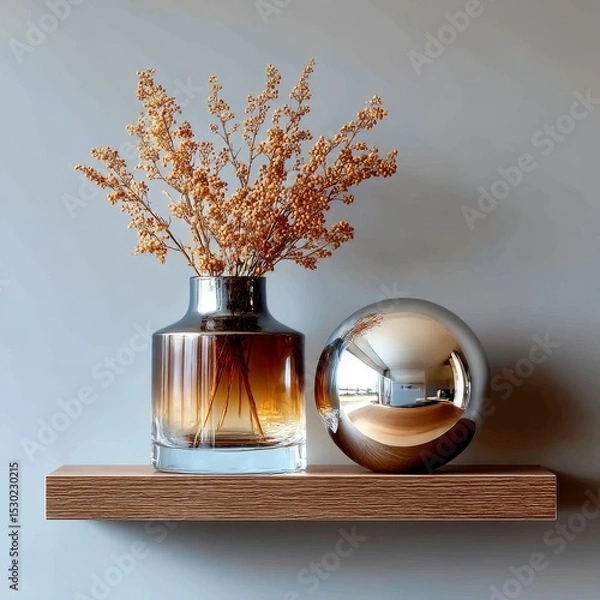 Fototapeta Still Life with Decorative Vase, Dried Flowers, and a Metal Orb, Resting on a Wooden Shelf Against a Light Blue Wall