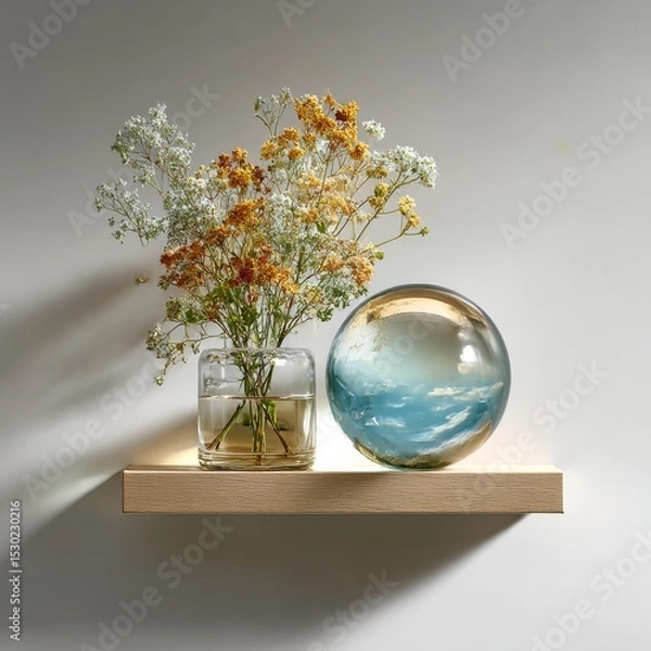 Fototapeta Still Life with Flowers and Orb: A Moment of Tranquility on a Light Wooden Shelf Against a White Wall.