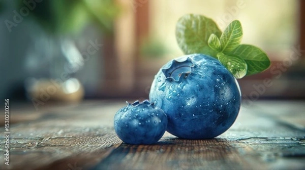 Fototapeta Two blueberries on a wooden table