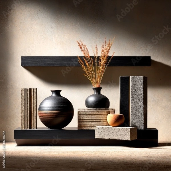 Fototapeta Still Life with Vases and Dried Wheat on Shelves, Featuring Texture and Contrasting Materials in Warm Light